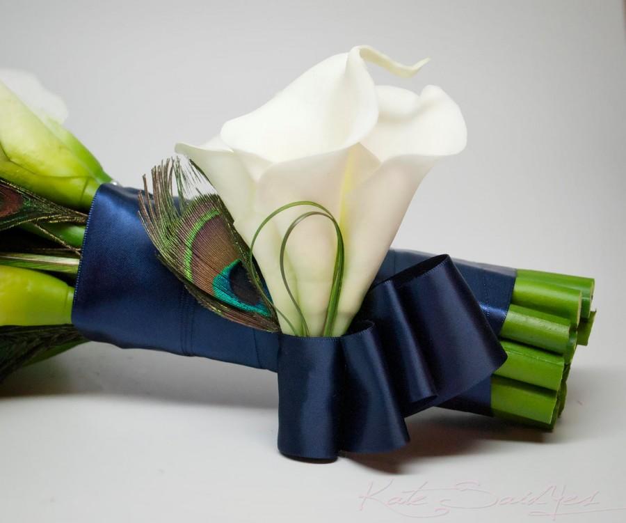 Wedding - Peacock Wedding Corsage - Ivory Calla Lily and Peacock Wristlet Corsage
