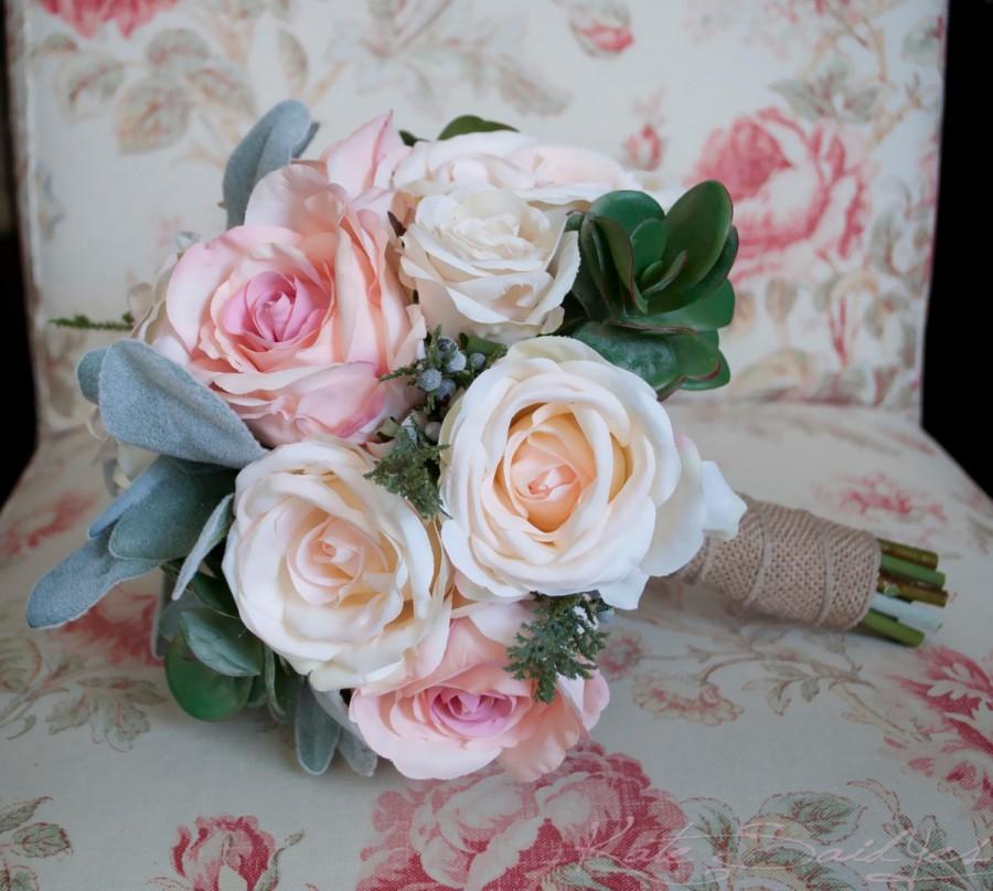 Hochzeit - Pink Rose Wedding Bouquet - Peach and Pink Rose, Lamb's Ear, and Succulent Burlap Wedding Bouquet