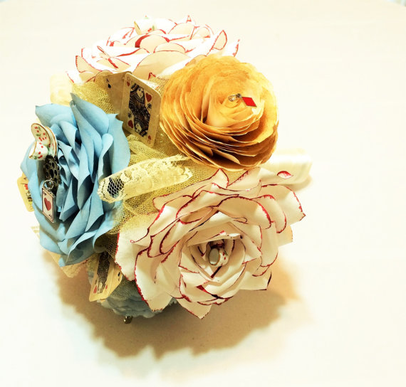 Wedding - Alice In Wonderland bouquet, Paper flower bouquet, Tea party themed bouquet, Fantasy themed bridal bouquet, Coffee filter paper bouquet