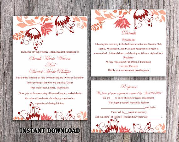 زفاف - DIY Wedding Invitation Template Set Editable Word File Instant Download Printable Peach Wedding Invitation Elegant Coral Floral Invitations
