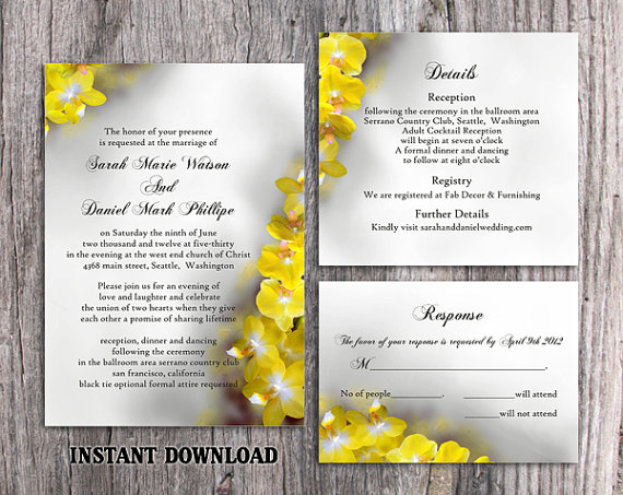 Hochzeit - DIY Wedding Invitation Template Set Editable Word File Download Printable Floral Invitation Orchid Wedding Invitation Yellow Invitation