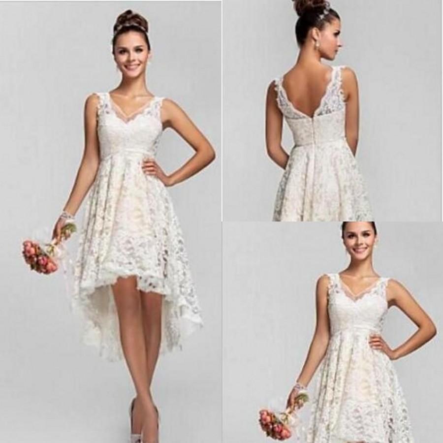 زفاف - 2016 New Asymmetrical Full Lace Bridesmaid Dresses V Neck Hi-Lo Dresses Summer Beach Custom Made Short Bridesmaids Dresses Online with $92.73/Piece on Hjklp88's Store 