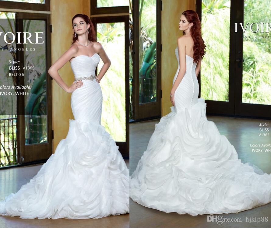 Свадьба - 2016 New Sweetheart Strapless Ruffles Organza Mermaid Wedding Dresses Beaded Sash Bridal Gowns Covered Button Online with $134.25/Piece on Hjklp88's Store 