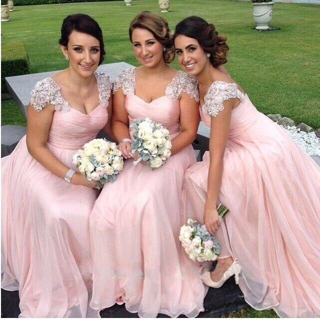 Wedding - 2016 Elegant Chiffon A Line Wedding Bridesmaid Dresses Cap Sleeves Lace Appliques Sequins Beaded Evening Gowns Cheap Junior Bridesmaid Dress Online with $76.6/Piece on Hjklp88's Store 