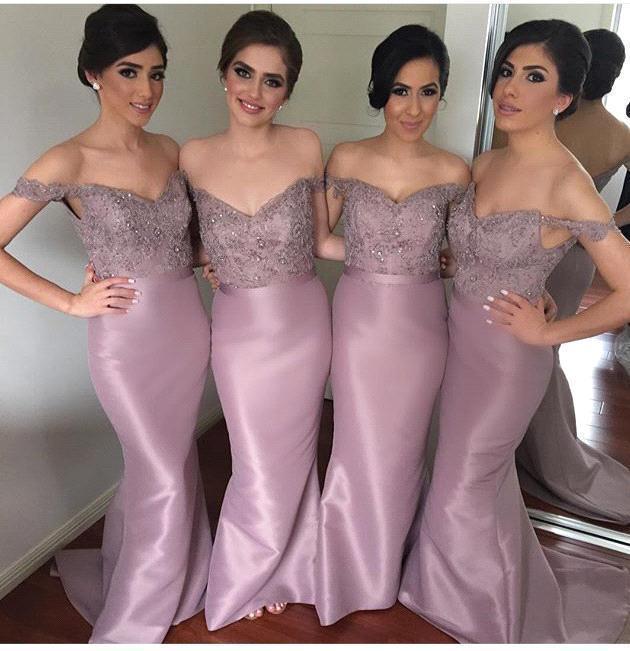 Wedding - Cheap Sheer Bridesmaid Dresses 2016 Spring Summer Off Shoulder Applique Lace Full Length Mermaid Bridesmaid Dresses Custom Made Online with $84.66/Piece on Hjklp88's Store 