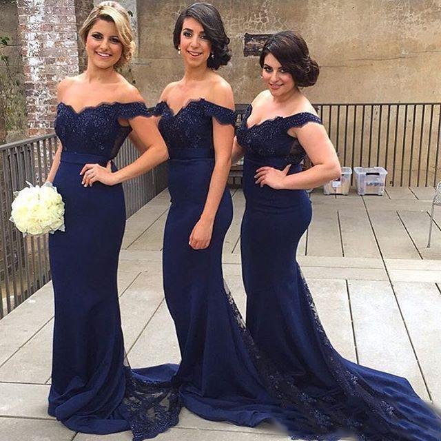 Mariage - 2016 Navy Blue Arabic Off Shoulders Bridesmaid Dresses Arabic Sexy Little Cap Sleeves Beaded Mermaid Vestido Longo Charming Formal Dresses Online with $79.02/Piece on Hjklp88's Store 