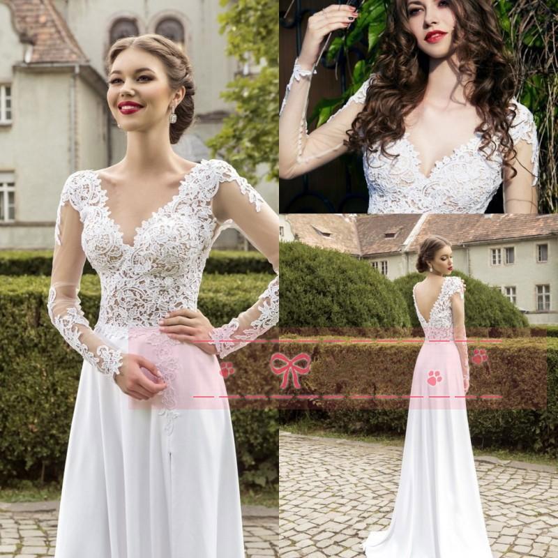 Mariage - 2016 Sexy Sheer V-neck A-line Wedding Dresses Backless Chiffon Illusion Long Sleeves Appliques Chiffon A-line Wedding Dresses Online with $106.81/Piece on Hjklp88's Store 