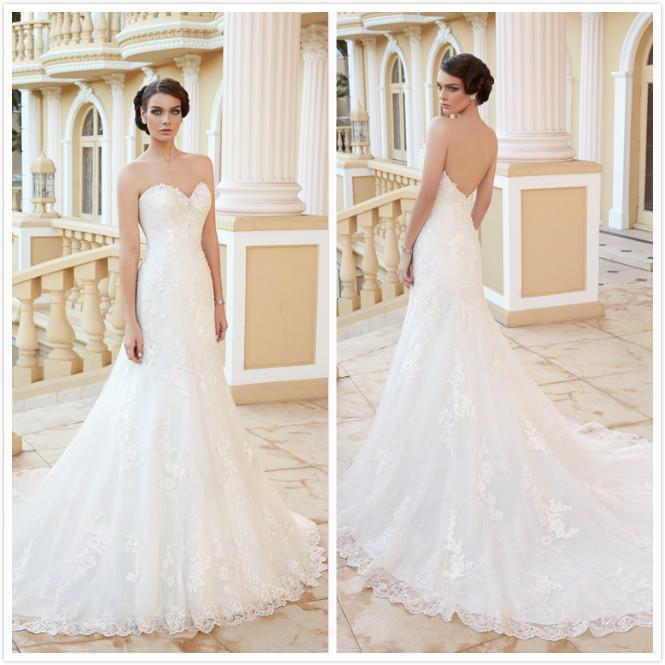 Wedding - 2016 New Elegant Tulle Wedding Dresses Applique Lace A-Line Sweetheart Chapel Train Custom Made White In Stock Bridal Gowns Online with $120.16/Piece on Hjklp88's Store 