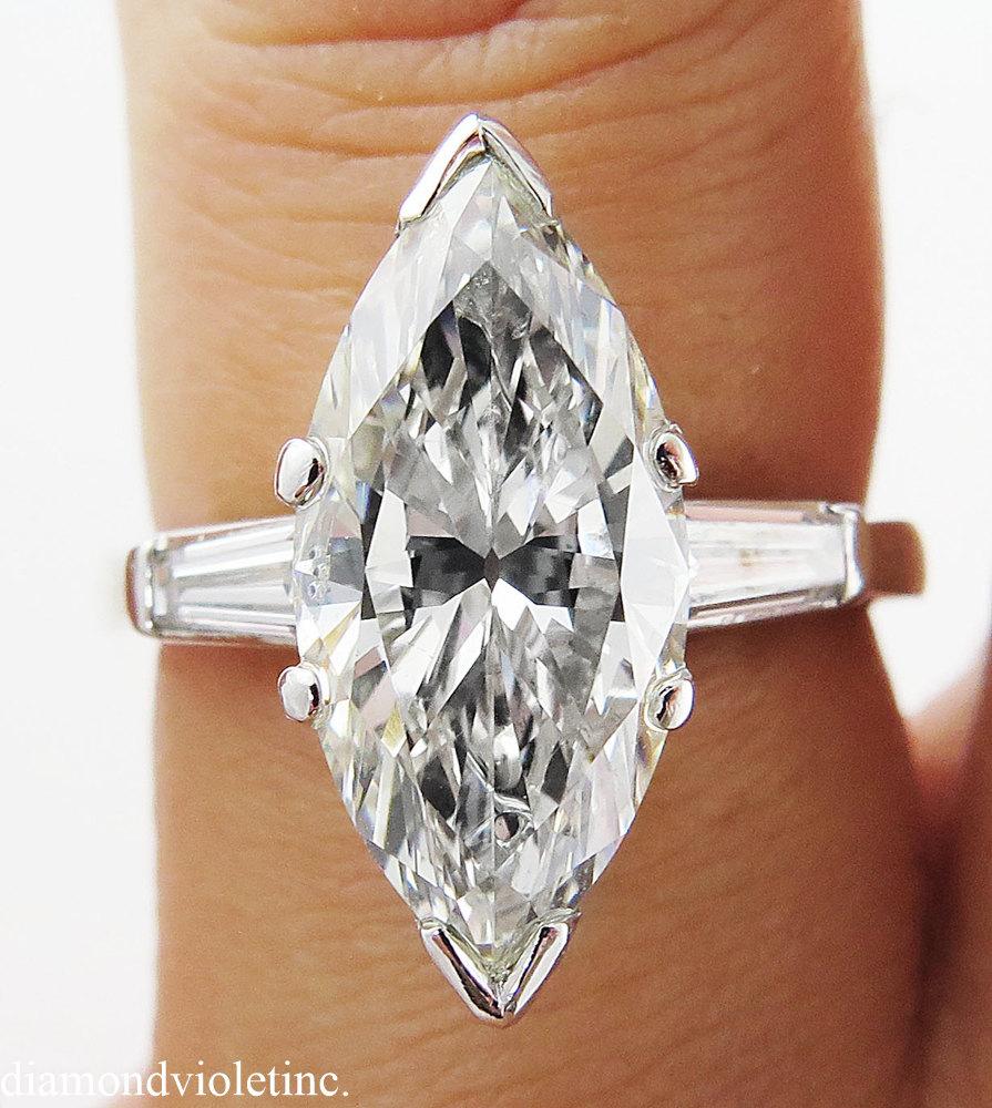 Hochzeit - 3.01ct Estate Vintage Marquise Diamond Engagement Wedding Platinum Ring EGL USA