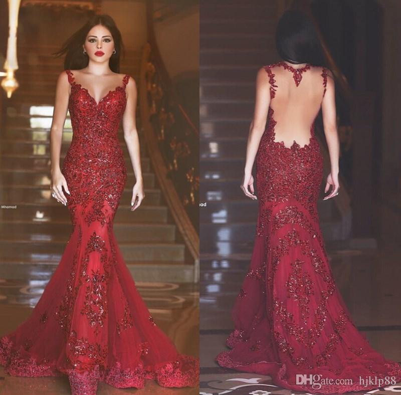 Mariage - Arabic 2016 Evening Dresses Real Photo Red Lace Sequins Formal Celebrity Dresses Gowns Mermaid Beading Sheer Crew Neck Backless Online with $108.85/Piece on Hjklp88's Store 