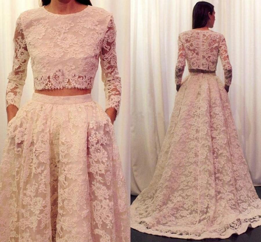 Hochzeit - Pink Fitted Crew Capped with Long Sleeves Lace Prom Dress 2016 Spring Two Pieces Sweep Train Long Designer Dresses Party Evening AL0425 Online with $104.68/Piece on Hjklp88's Store 
