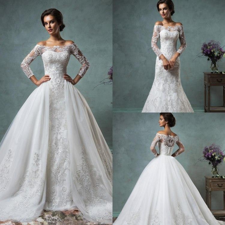 Wedding - 2016 Vintage Lace Wedding Dresses with Detachable Skirt Amelia Sposa Winter New Sheer Long Sleeve Sweep Train Plus Size Bridal Gowns 2015 Online with $153.15/Piece on Hjklp88's Store 