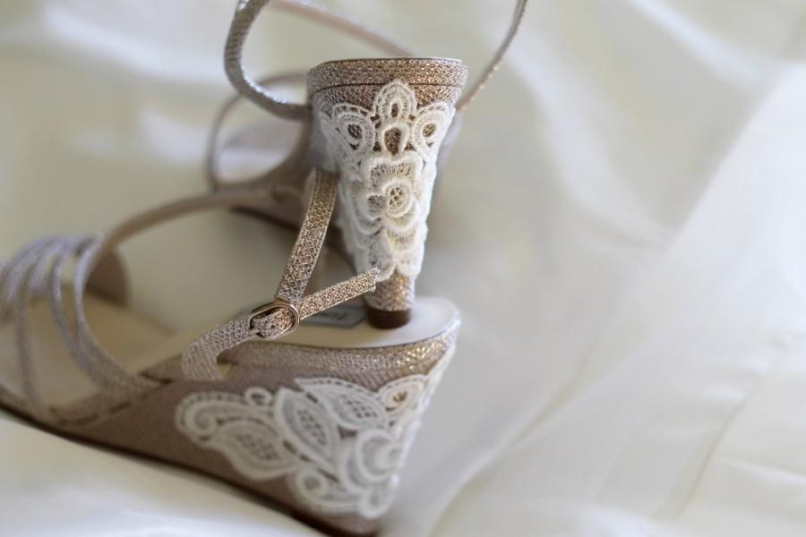 Hochzeit - Wedding shoes gold champagne silver wedge sandals high heels low heels vegan bridal shoes embellished with floral ivory Venice lace