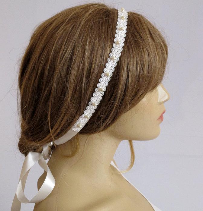 Свадьба - Bridal headband, wedding hairband, pearl Head band, Bridal Hair Accessory, Lace, Wedding Accessory, pearl bead, weddings, ivory, head piece