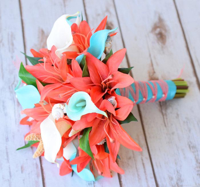 Mariage - Natural Touch Wedding Bouquet - Coral Turquoise Aqua Teal Callas and Lilies with Seashells and Starfish Silk Bridal Bouquet