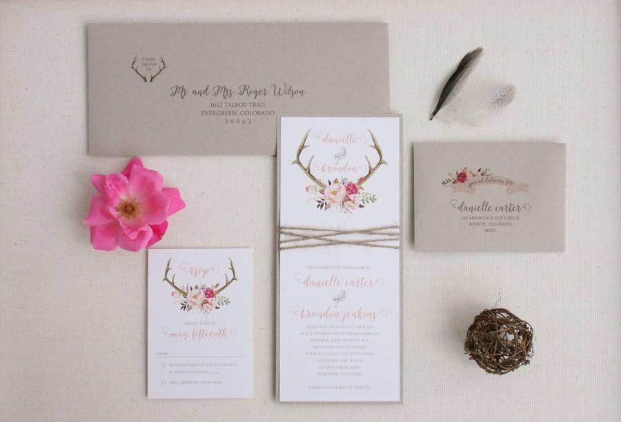 زفاف - Rustic Wedding Antler Invitation Suite with Twine Wrap - Blush Floral Antler Wedding Invitation SAMPLE