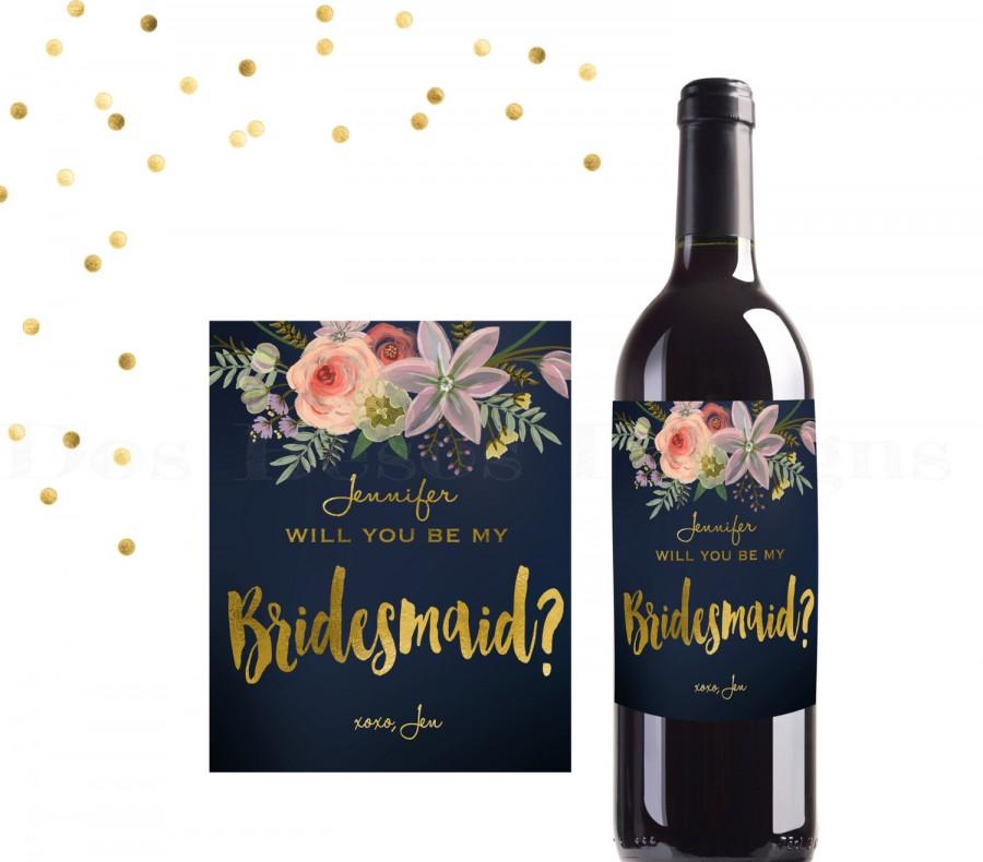 Wedding - Bridesmaid Wine Label, Digital Download, Navy and Gold, Watercolor Flowers, Custom Wine Label, Be My Bridesmaid? Maid of Honor? Printable