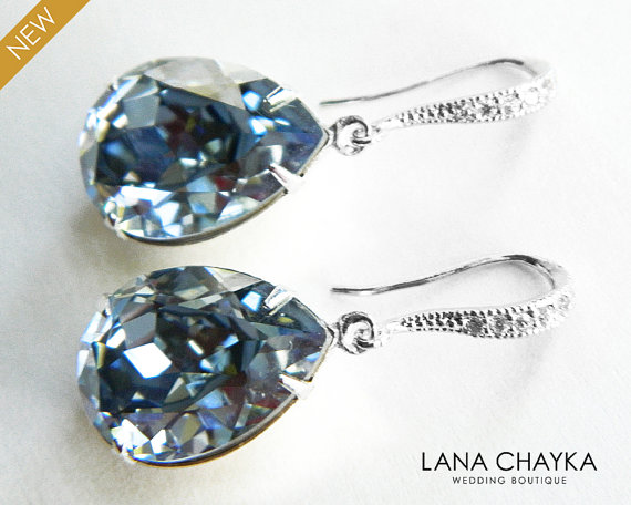 Hochzeit - Blue Shade Crystal Earrings Blue Rhinestone Earrings Sterling Silver CZ Blue Earrings Swarovski Blue Shade Teardrop Earring FREE US Shipping