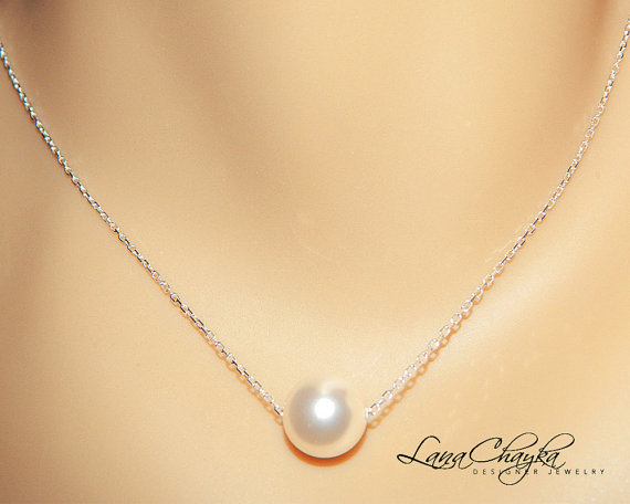 Mariage - Floating Ivory Pearl Bridal Necklace Sterling Silver Single Pearl Wedding Necklace Swarovski 10mm Pearl Bridal Necklace FREE US Shipping