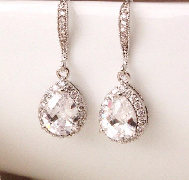 زفاف - Wedding Jewelry Bridal Earrings Crystal Wedding Earrings Clear white Lux teardrop cubic zirconia Earrings wedding bridesmaid gift earrings