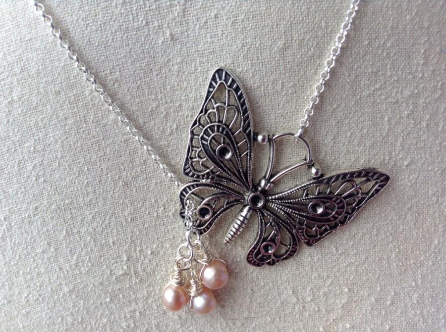 Wedding - Butterfly Necklace, Steampunk Butterfly Necklace with Pearl Drops