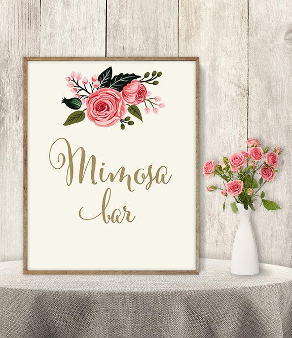 Hochzeit - Mimosa Bar Sign / Floral Wedding Mimosa Sign DIY / Watercolor Rose Flower Poster Printable // Gold Calligraphy, Pink Rose ▷ Instant Download