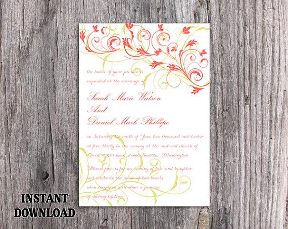 Свадьба - DIY Wedding Invitation Template Editable Word File Instant Download Printable Invitation Elegant Coral Invitations Green Floral Invitation