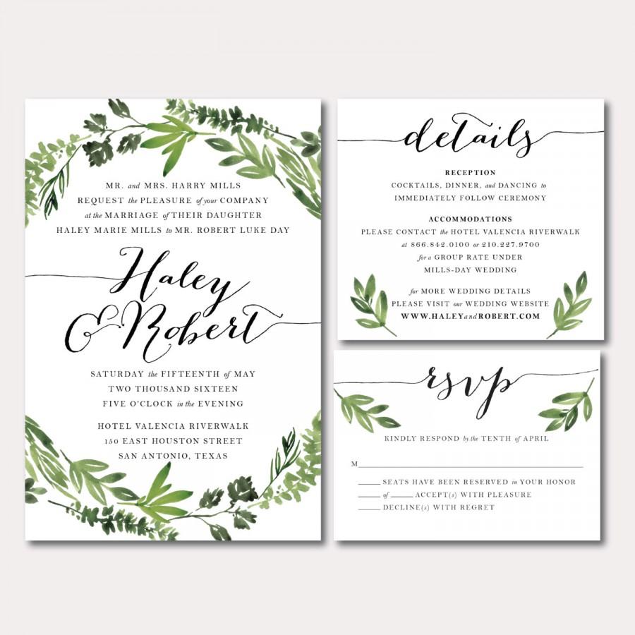 Mariage - Printable Wedding Invitation Suite - Botanical Wreath - Watercolor Botanicals, Leaves, Herbs