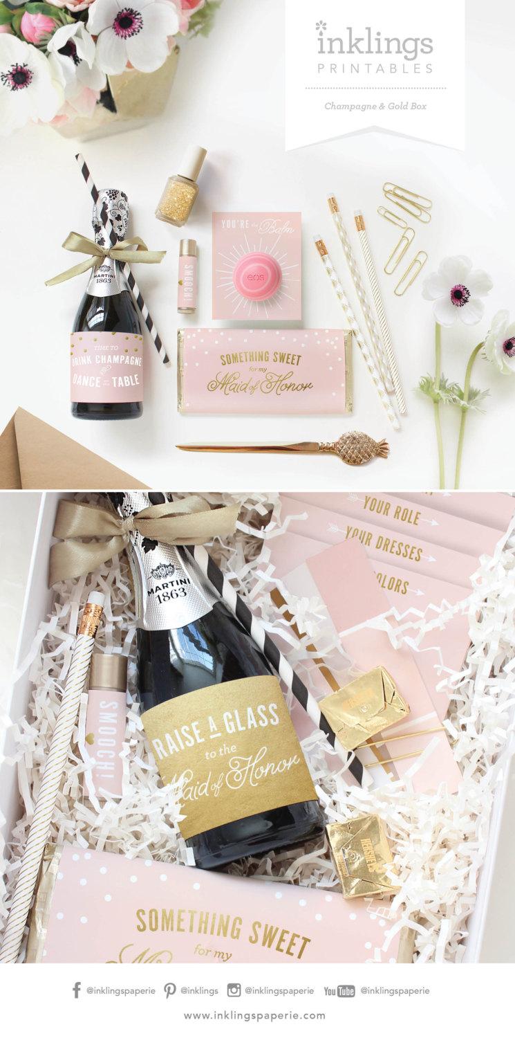 Mariage - Be My Bridesmaid Box / Be My Maid of Honor Box // Printable Collection for Champagne Bottle Wrap, Straw Flags, Chocolate Bar Wrap, Lip Balm