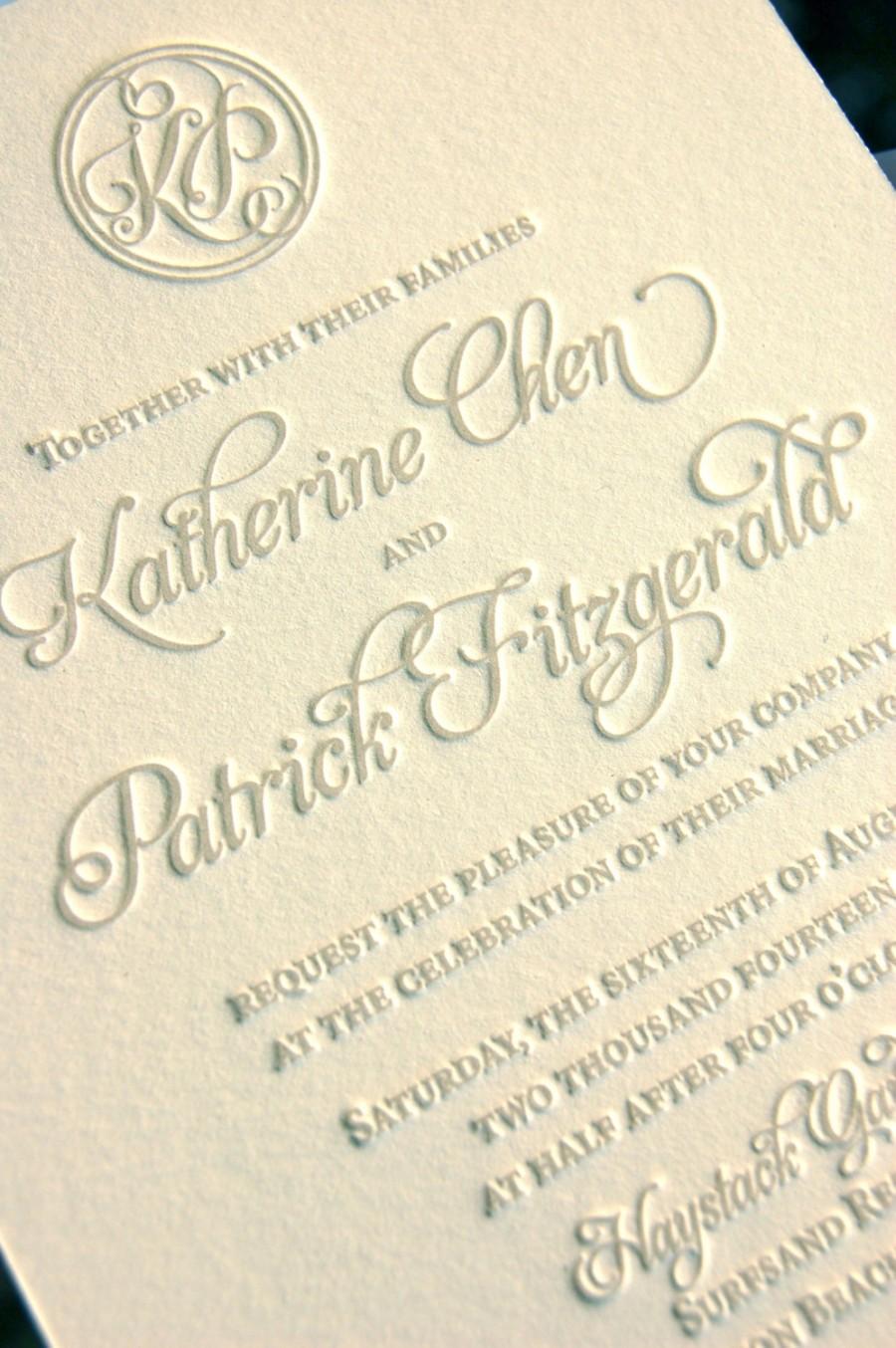 Wedding - Monogram Wedding Invitations, Letterpress Invitations, Soft Gray Wedding, Custom Letterpress Wedding Invitations