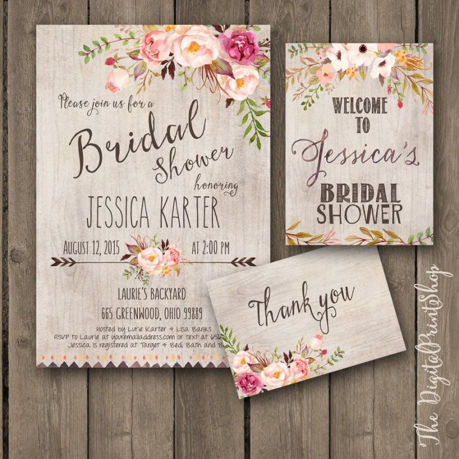 Wedding - Rustic Garden Bridal shower INVITATION invite welcome sign thank you card wood pink peonies burlap chic Printable DIY 171 Digital jpg