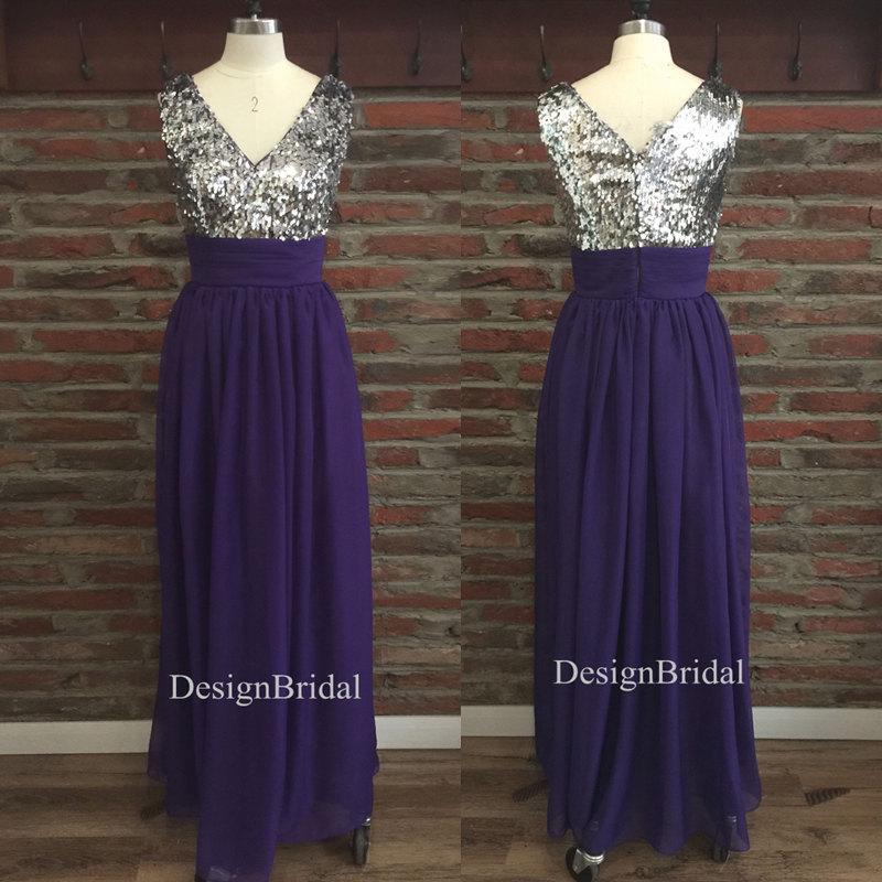 Mariage - 20% off  Dark Purple Bridesmaid Dress,Formal Purple Dress,Sequin V-neck Dress,Sexy V neck Patchwork Dress,Dark Purple Chiffon Dress