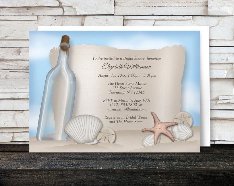 Hochzeit - Beach Bridal Shower Invitations - Message from a Bottle with Seashells and Blue Sky - Printed Invitations