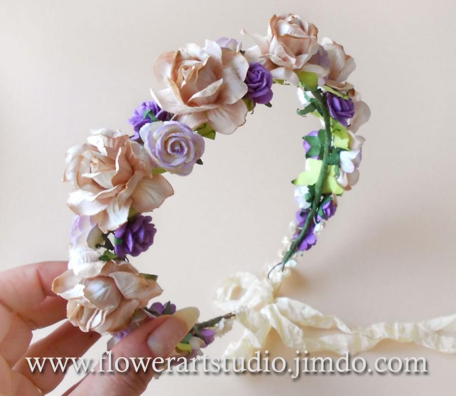 زفاف - Creme and Lilac Floral Crown, Rustic Wedding Wreath, Bridal Flower Crown, Bridal Hair Wreath, Coachella festival crown, Bohemian style crown