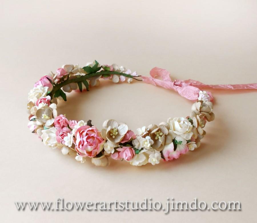زفاف - Pink Floral Crown, Rustic Wedding Wreath, Bridal Flower Crown, Bridal Hair Wreath, Coachella festival hair crown, Bohemian style crown.