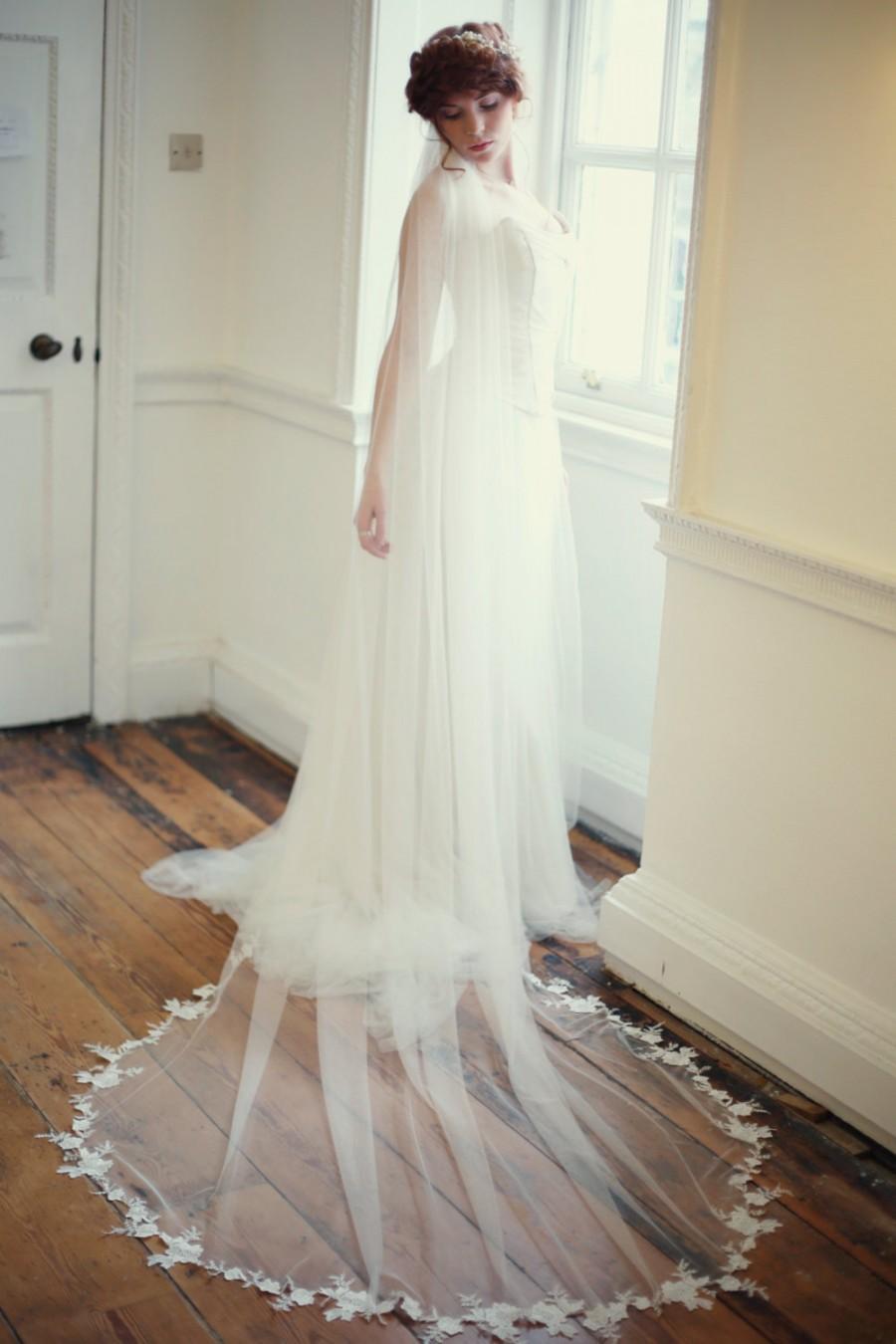 Wedding - Long lace veil with ethereal, hand pieced floral lace edging - pale ivory