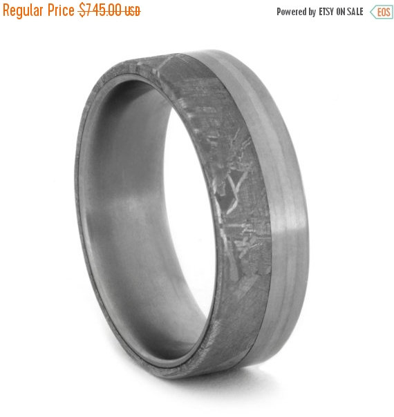 Hochzeit - Wedding Sale Titanium Ring with Gibeon Meteorite and 14k White Gold Pinstripe, Meteorite Wedding Band For Him
