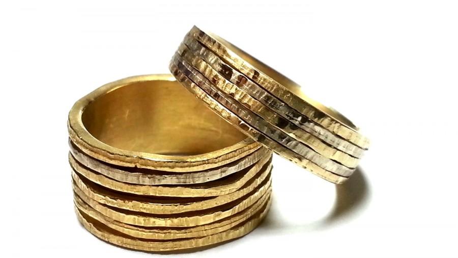 Mariage - Wedding ring set Unique His and Hers Wedding bands Promise Rings Gold Bands Jewelry Mixed metal Bimetal wedding bands For her - for him