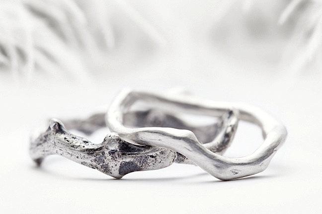 Mariage - silver wedding band set, coral branch inspired sterling silver rings - Shipwrecked in Heaven