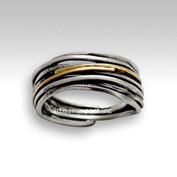 Hochzeit - Silver wedding ring, sterling silver ring, wrapped band, rose and yellow gold ring, silver band, mixed metal ring - Live the dream R1512G