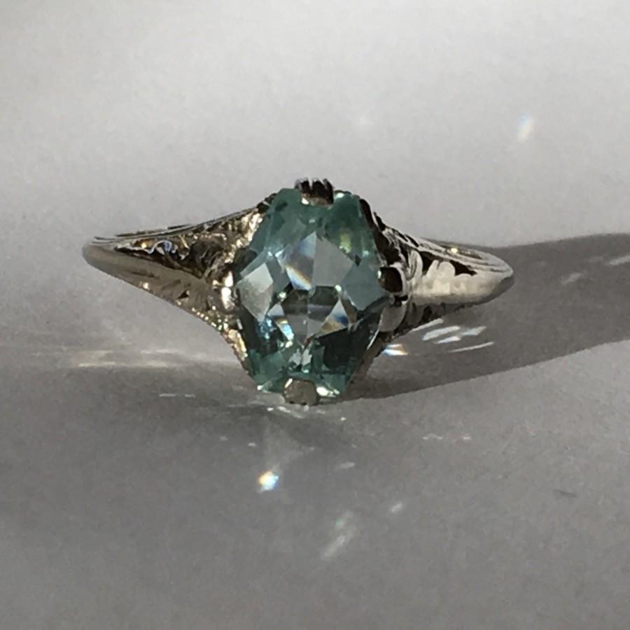 زفاف - Vintage Aquamarine Ring with 14k White Gold Filigree Setting. 1+ Carat. Unique Engagement Ring. March Birthstone. 19th Anniversary Gift.