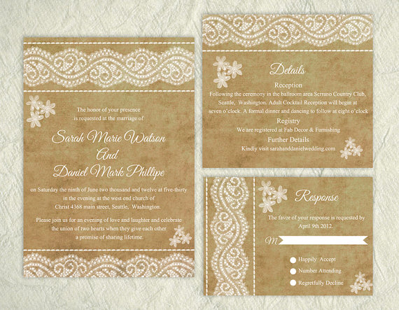 Свадьба - Printable Lace Wedding Invitation Suite Printable Invitation Floral Elegant Wedding Invitation Download Invitation Edited jpeg file