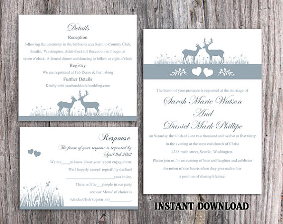 Wedding - DIY Wedding Invitation Template Set Editable Word File Download Printable Reindeer Invitation Gray Wedding Invitation Blue Invitations