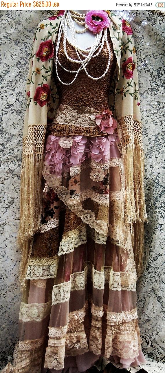 Wedding - Spring Sale Lace roses  dress tea stained  crochet tulle vintage  bohemian romantic small by vintage opulence on Etsy