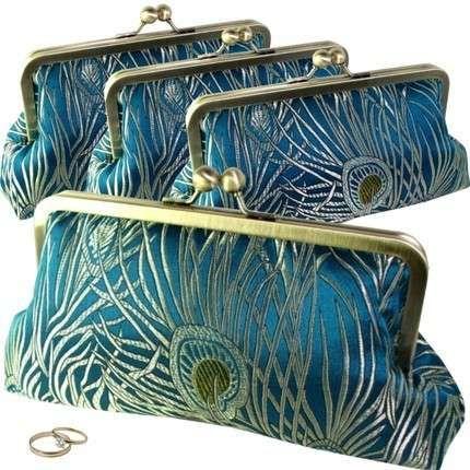 Mariage - Handmade Weddings On Etsy - Peacock Splendor Silk Brocade Bridesmaids Clutch Set Of 4 Teal And Gold Antique Brass Frame By Clutc