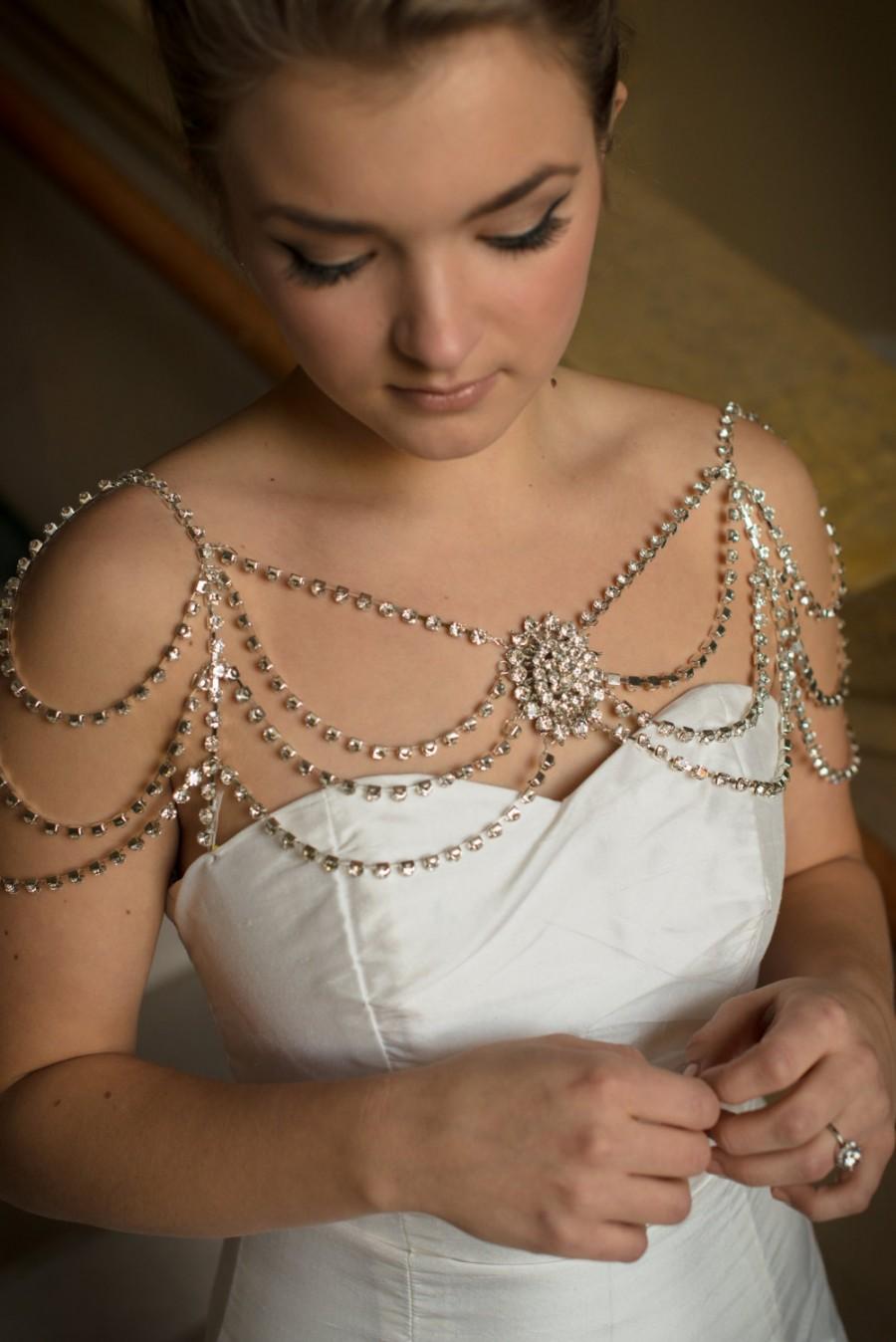 Hochzeit - Diamond chain bolero with rhinestone swag and broach detail /// Adriyanna Bolero