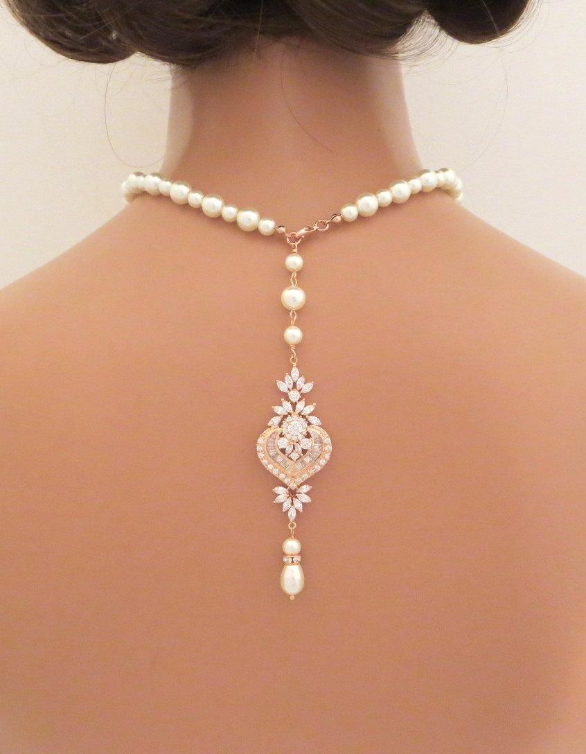زفاف - Bridal Backdrop necklace, Rose gold Back drop necklace, Pearl Wedding necklace, Crystal necklace, Art Deco, Rose Gold necklace, EMMA