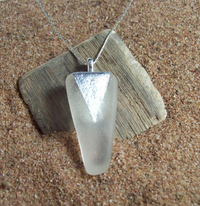 Wedding - Sea glass pendant// Silver leafing// Sterling silver chain// Bridal Jewelry// Beach Wedding// Genuine sea glass