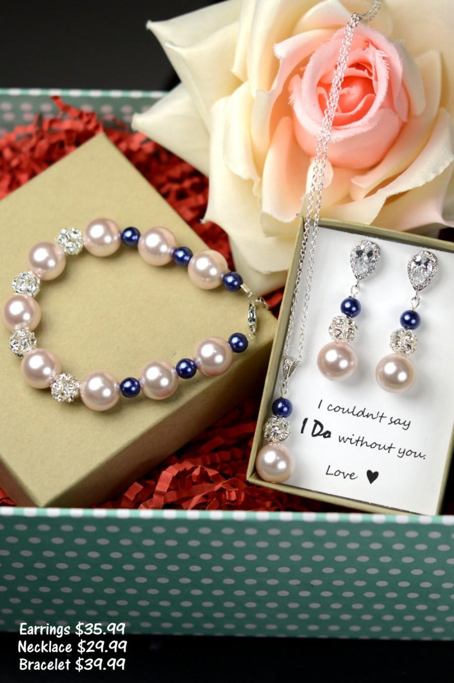 زفاف - navy blue pink-Wedding Jewelry Bridesmaid Gift Bridesmaid Jewelry Bridal Jewelry blue blush pink Pearl Drop Earrings Cubic Zirconia Earrings