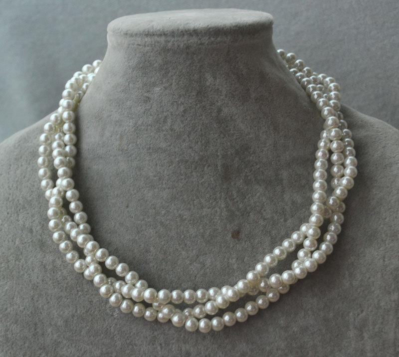 زفاف - wedding pearl Necklace,Glass Pearl Necklace,3 rows pearl necklace,ivory Pearl Necklace,Wedding Necklace,bridesmaid necklace,Jewelry